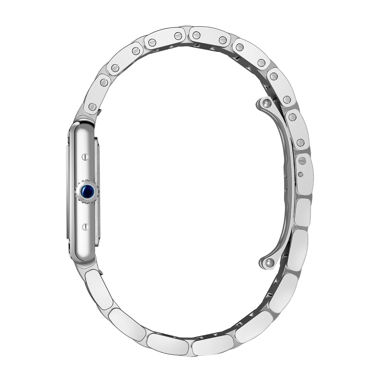 Side view of the Cartier Tank Must Solarbeat™ in silver steel with a linked bracelet, showcasing its thin profile and blue cabochon crown.