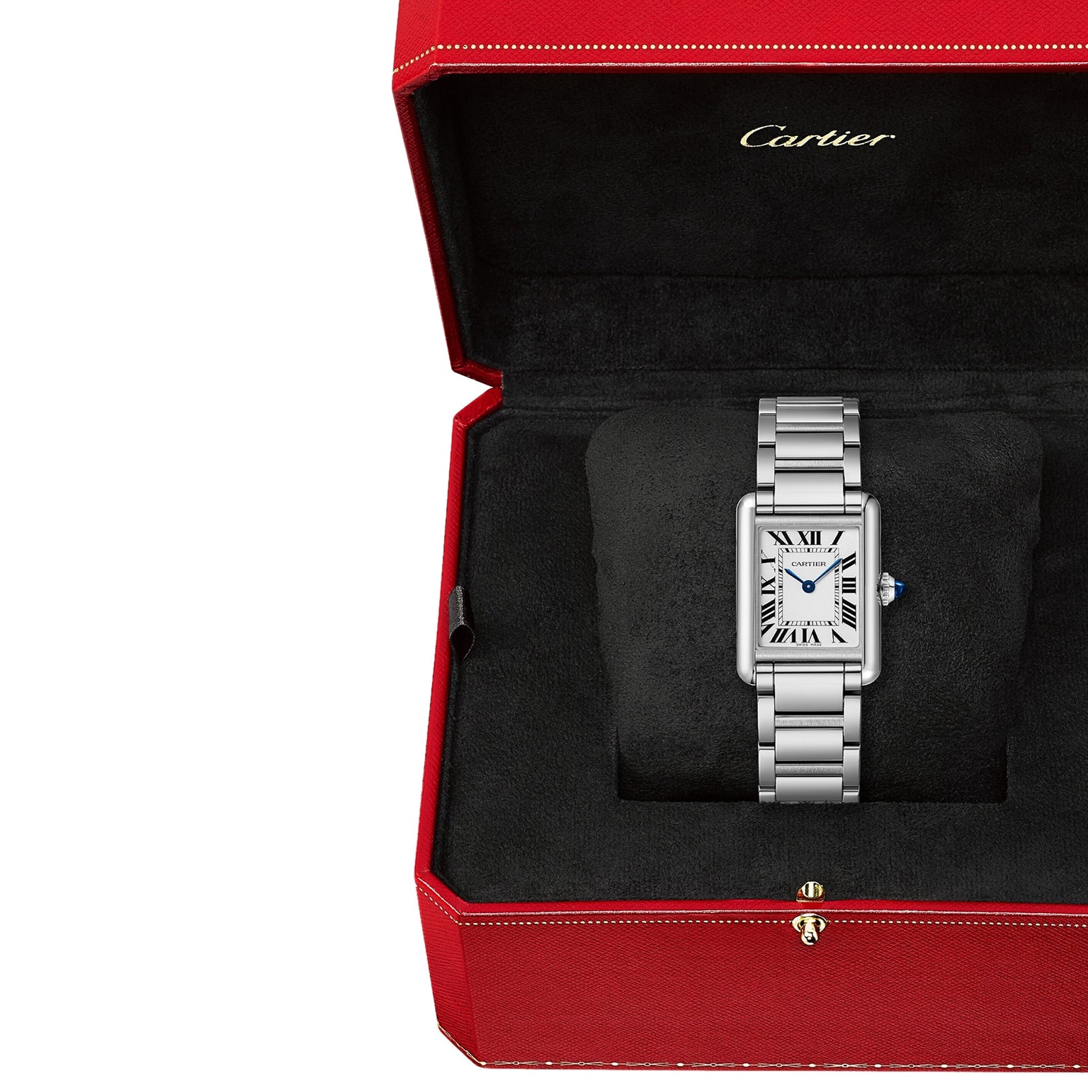 The Cartier Tank Must Solarbeat™ watch with a steel case and metal band is displayed in an open red Cartier box with a black interior.