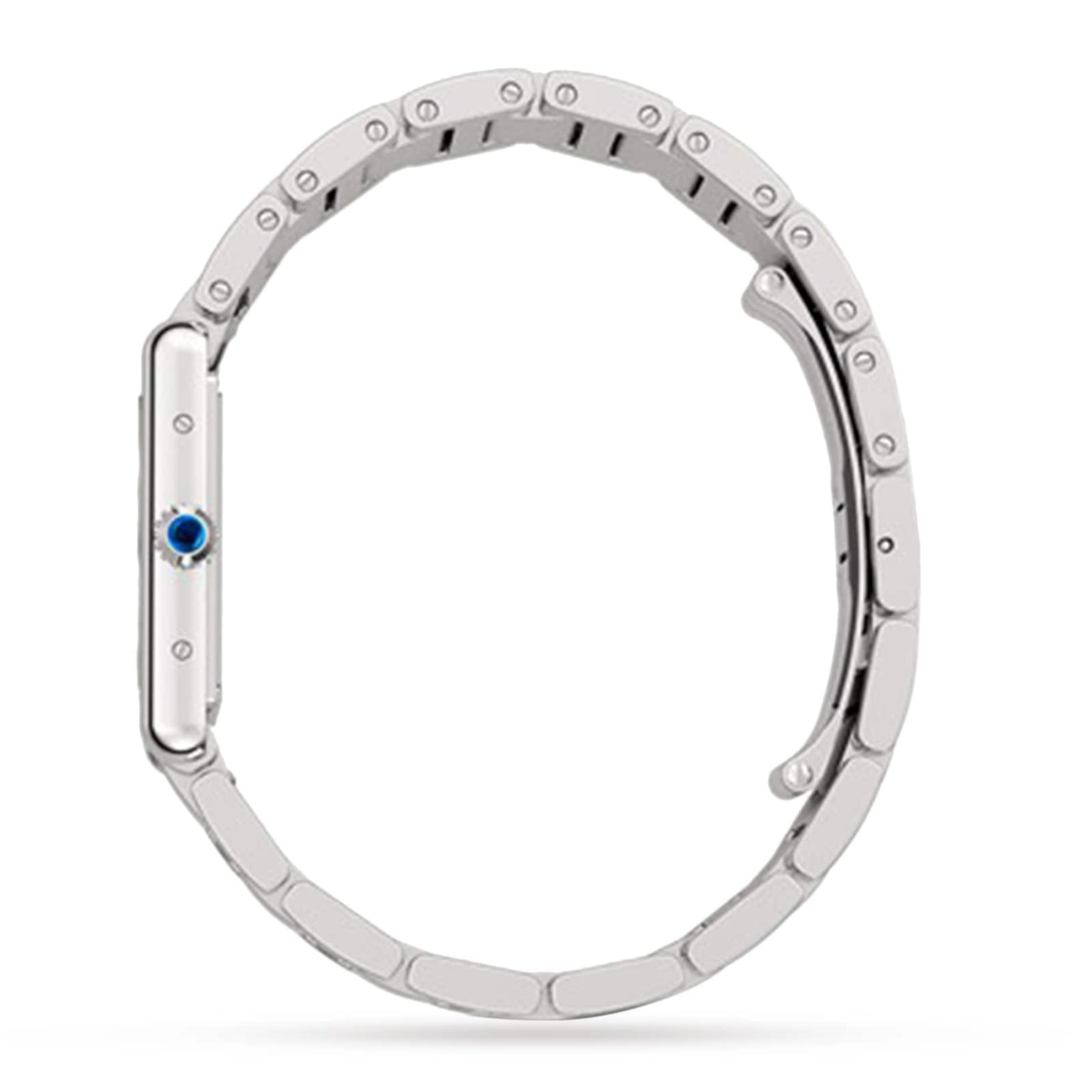 The Cartier Tank Must de Cartier is a silver wristwatch with a steel case, metal link band, blue crown, and quartz movement, shown from the side.