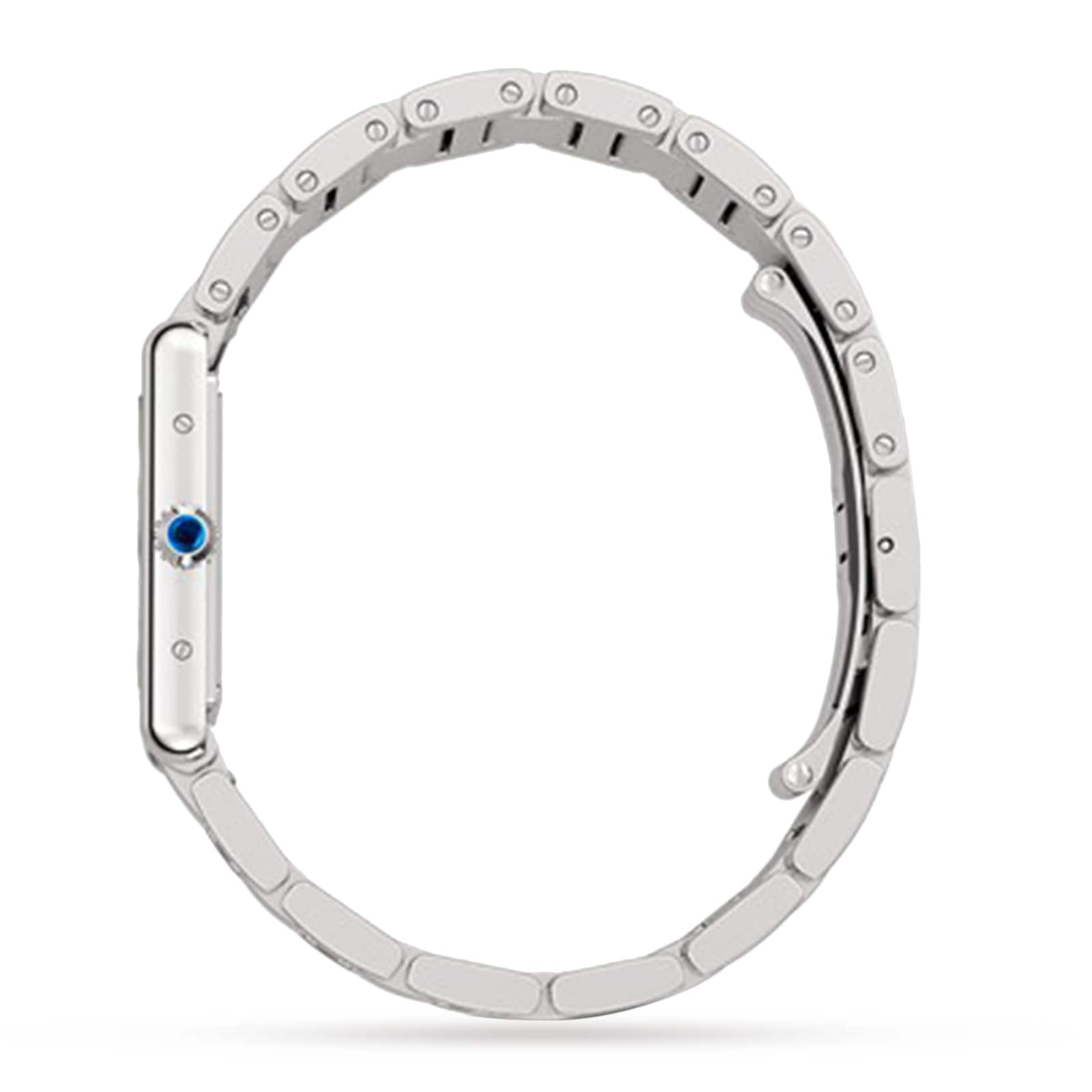 The Cartier Tank Must de Cartier is a silver wristwatch with a steel case, metal link band, blue crown, and quartz movement, shown from the side.