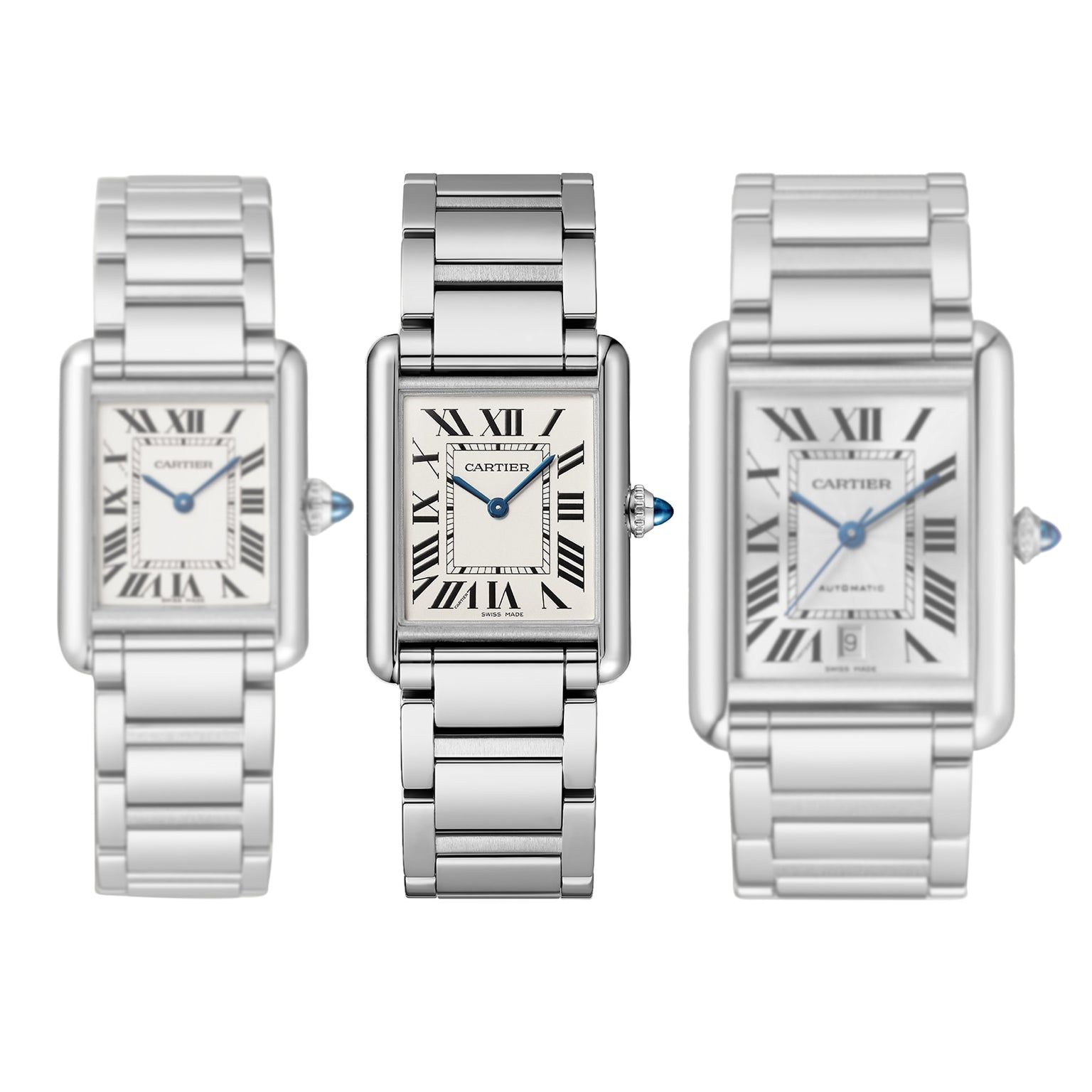 Three Cartier Tank Must de Cartier wristwatches with rectangular faces, Roman numerals, steel cases, and metal link bands are displayed side by side against a white background.