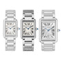 Three Cartier Tank Must de Cartier wristwatches with rectangular faces, Roman numerals, steel cases, and metal link bands are displayed side by side against a white background.