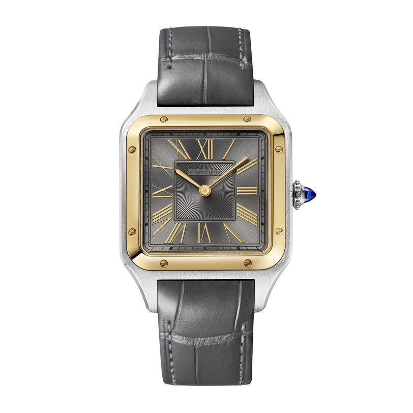 The Cartier Santos-Dumont features a square face, gray and 18K yellow gold bezel, Roman numerals, and a gray leather strap—an elegant showcase of Cartier watchmaking.