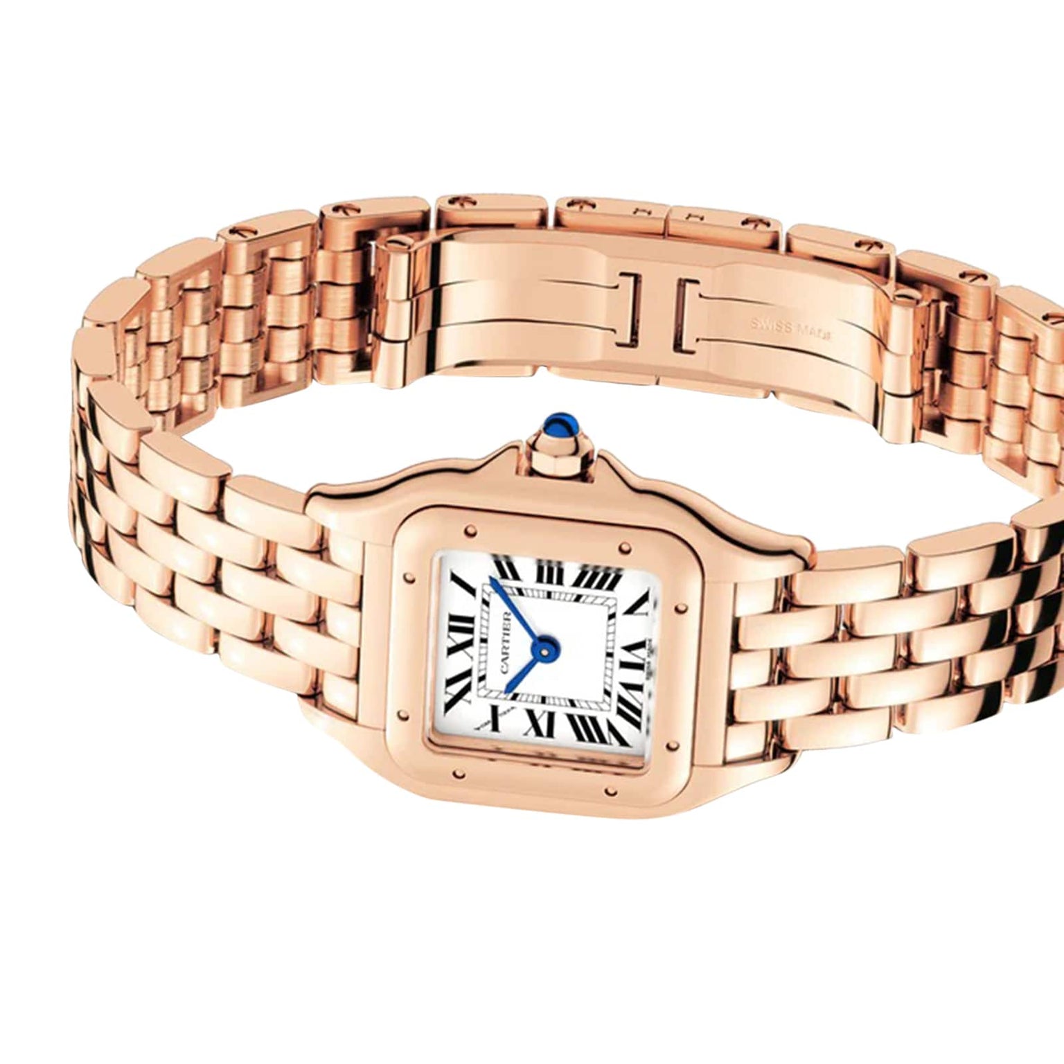 The Panthère de Cartier Small Model by Cartier showcases a rectangular face with Roman numerals, blue steel hands, and a rose gold linked band, elegantly presented against a white background.