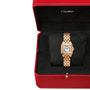 The Cartier Panthère de Cartier Small Model watch with a rectangular face, Roman numerals, and link bracelet in rose gold is shown in an open red box lined with black fabric.