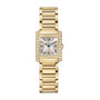 The Cartier Tank Française features a square yellow gold case, Roman numerals, blue hands, brilliant-cut diamond-set bezel, and a gold link bracelet.