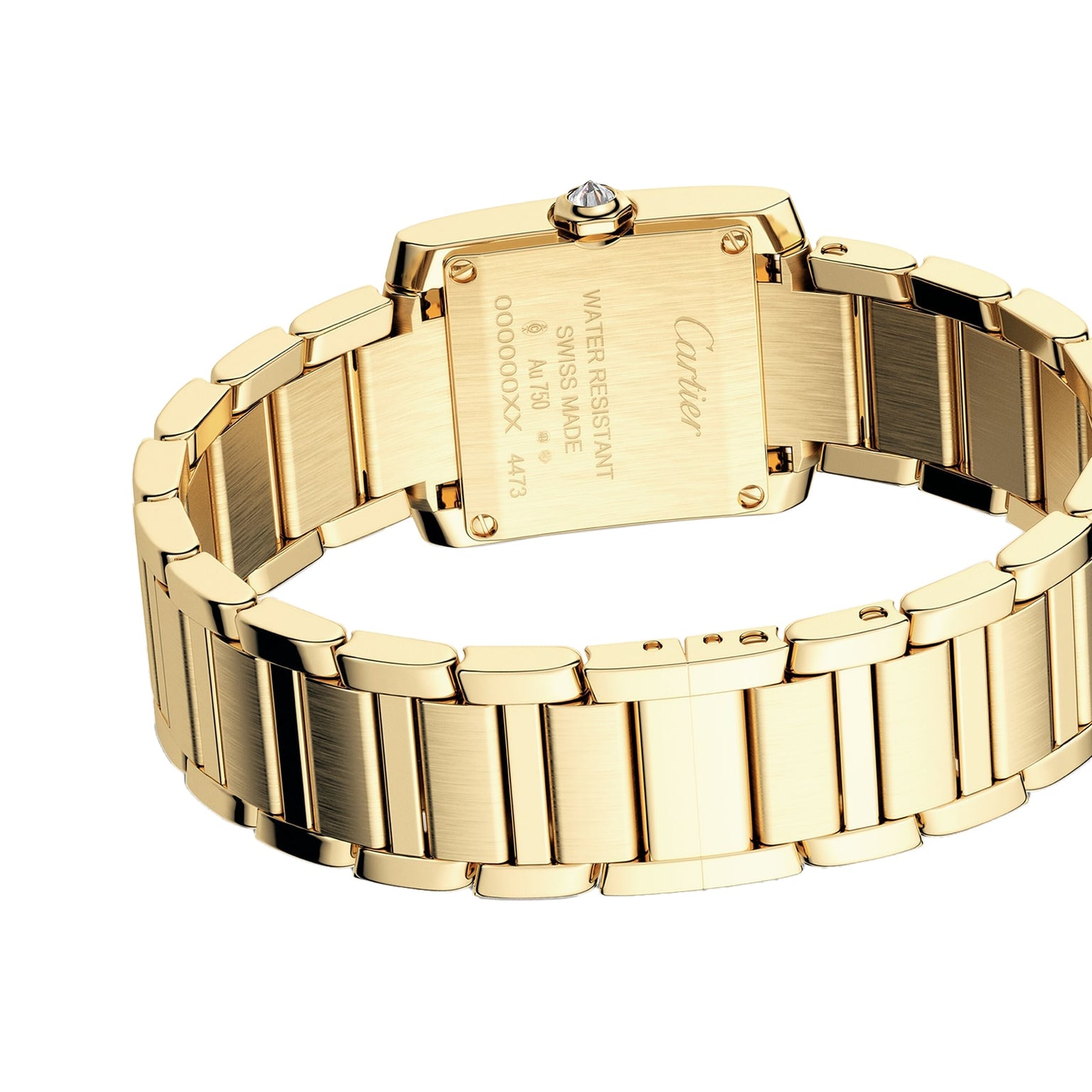 A close-up of the back of the Cartier Tank Française shows its yellow gold case, metal bracelet, and engraved case details.