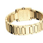 A close-up of the back of the Cartier Tank Française shows its yellow gold case, metal bracelet, and engraved case details.