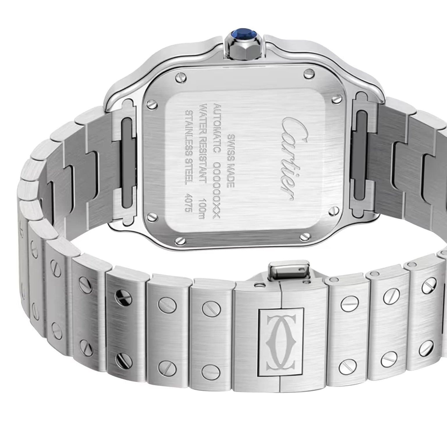 Close-up of the back of a Santos de Cartier stainless steel wristwatch by Cartier, featuring engraved details and a metal bracelet with screw accents.