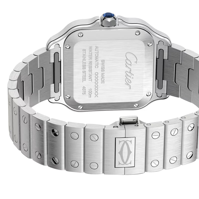 Close-up of the back of a Santos de Cartier stainless steel wristwatch by Cartier, featuring engraved details and a metal bracelet with screw accents.