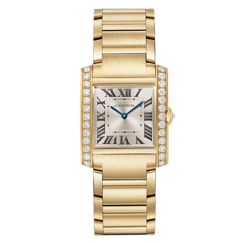 Cartier Tank Française watch featuring a diamond bezel, Roman numerals, and blue hands on a metal link bracelet.