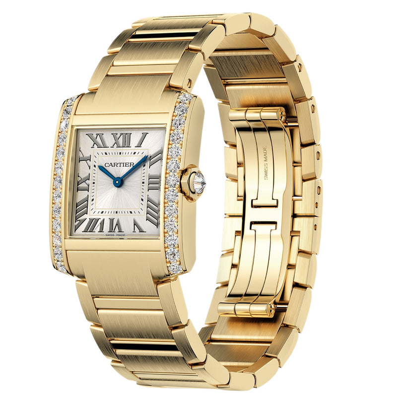 Cartier Tank Française wristwatch featuring a rectangular face, Roman numerals, diamond accents, and a gold link bracelet.