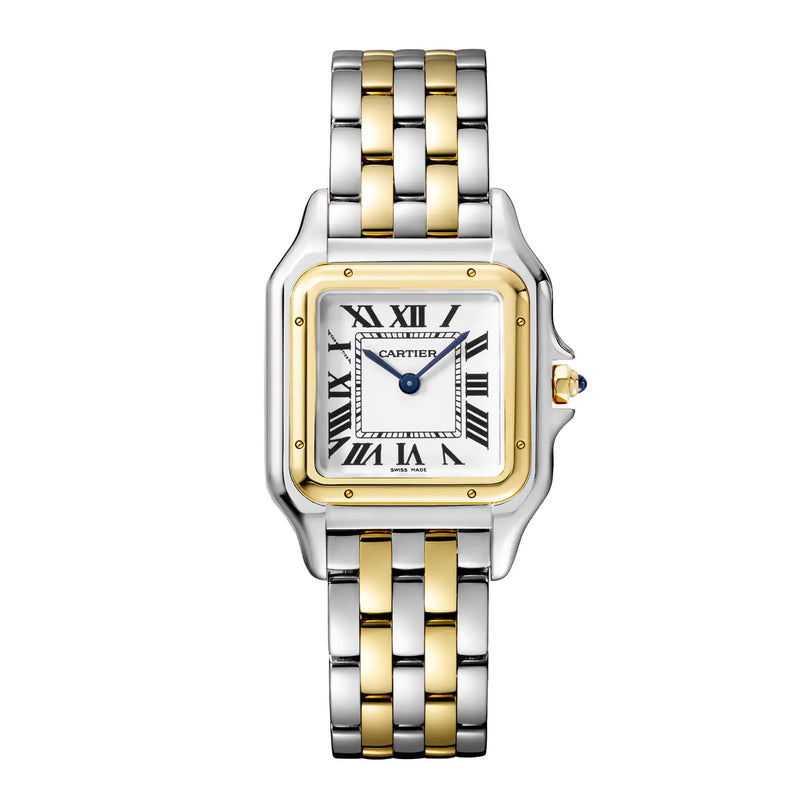 Cartier watch with two-tone metal band on a white background