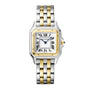 Cartier watch with two-tone metal band on a white background