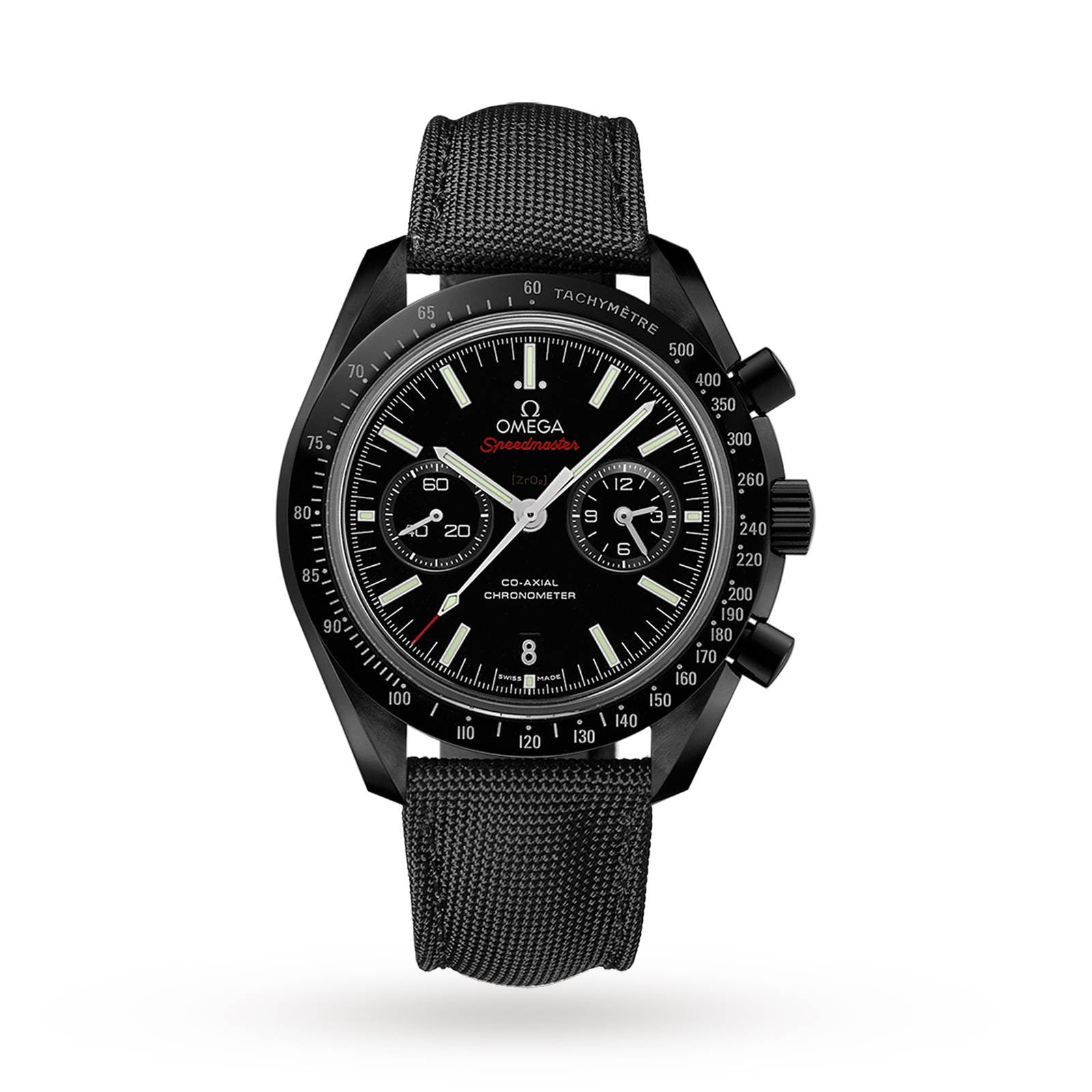 The OMEGA Speedmaster Dark Side of The Moon Ceramic features a black ceramic bezel, black fabric strap, white markers, three subdials, and a tachymeter, celebrating its Lunar Legacy against a crisp white background.