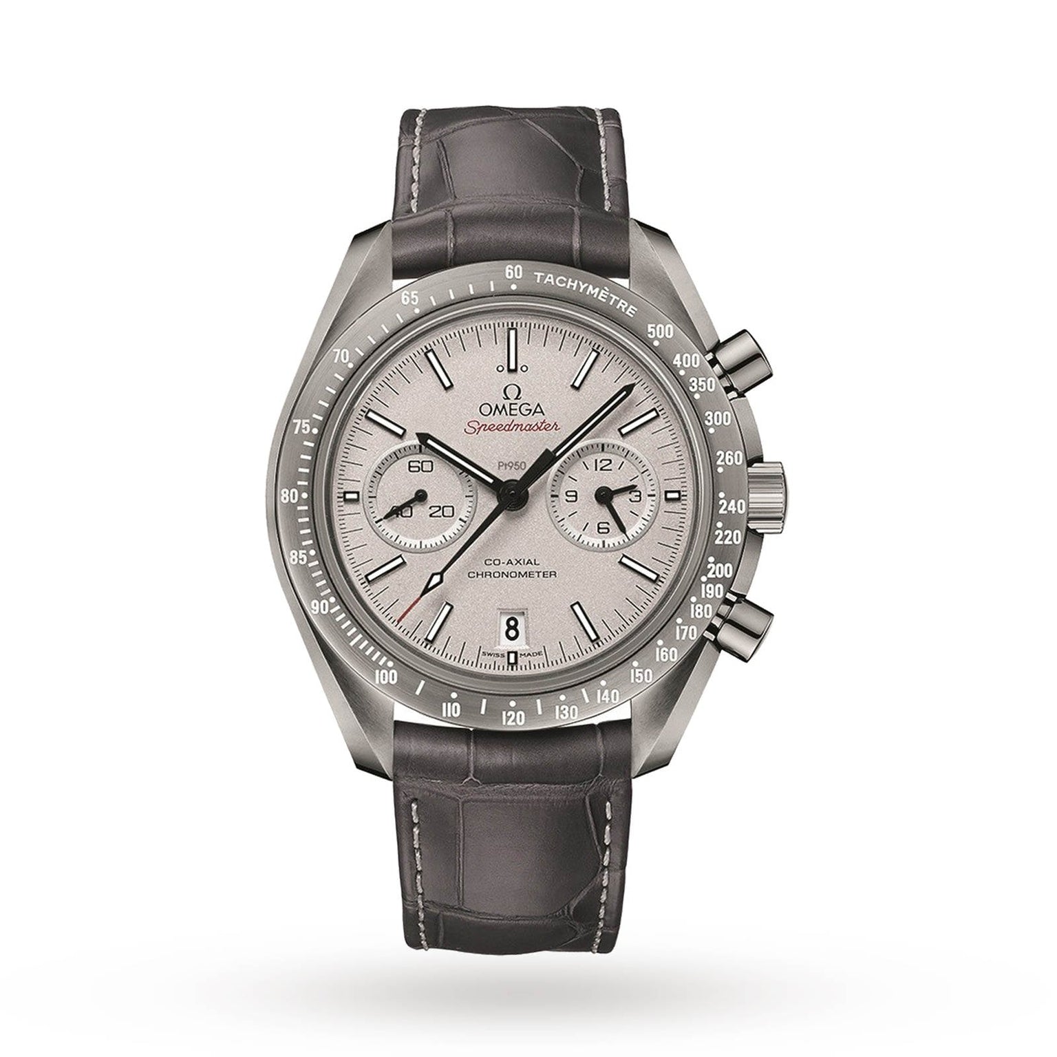 An OMEGA Speedmaster Dark Side of the Moon watch with a black leather strap and three subdials on a white background.