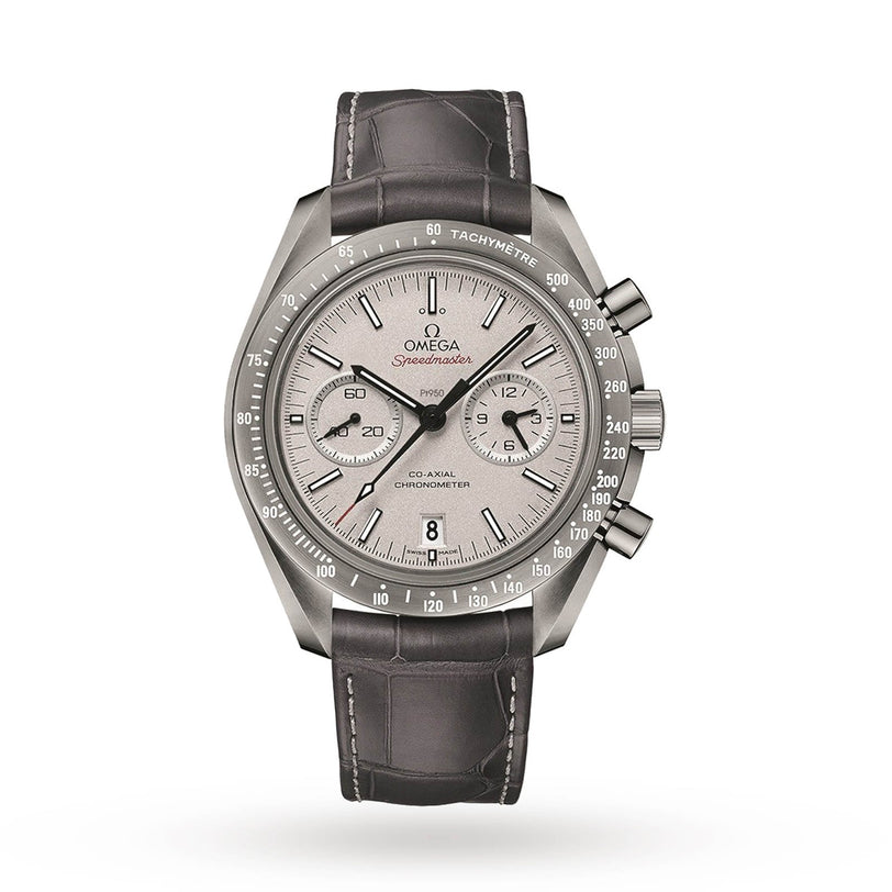 An OMEGA Speedmaster Dark Side of the Moon watch with a black leather strap and three subdials on a white background.