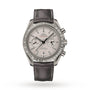 An OMEGA Speedmaster Dark Side of the Moon watch with a black leather strap and three subdials on a white background.