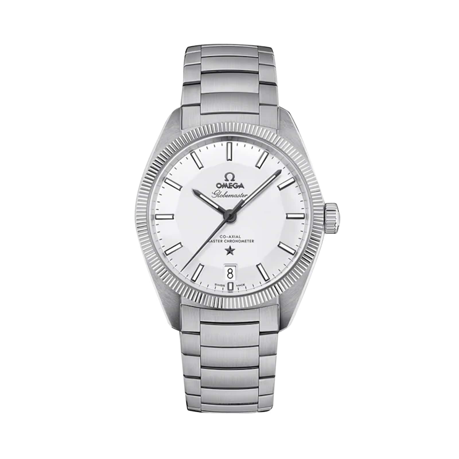 The OMEGA Constellation Globemaster features a stainless steel case, white dial with black hour markers and hands, a metal link bracelet, and is powered by the Co-Axial Master Chronometer Calibre 8900, shown against a plain background.