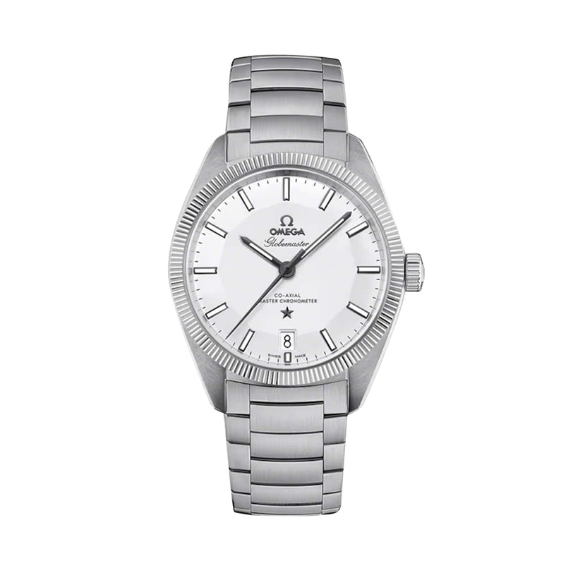 The OMEGA Constellation Globemaster features a stainless steel case, white dial with black hour markers and hands, a metal link bracelet, and is powered by the Co-Axial Master Chronometer Calibre 8900, shown against a plain background.