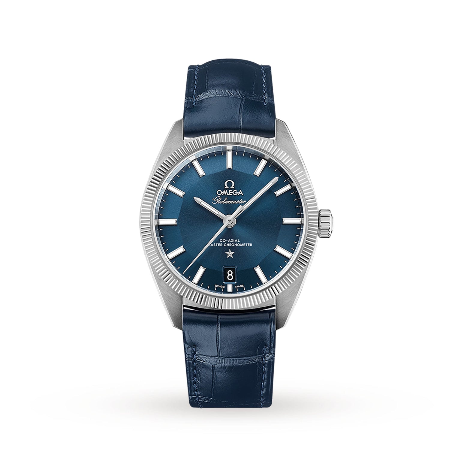 A silver OMEGA Constellation Globemaster watch with a leather strap and date window at 6 o’clock is displayed on a white background.
