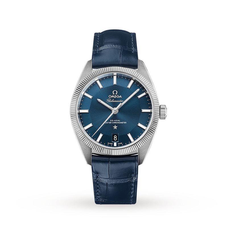 A silver OMEGA Constellation Globemaster watch with a leather strap and date window at 6 o’clock is displayed on a white background.