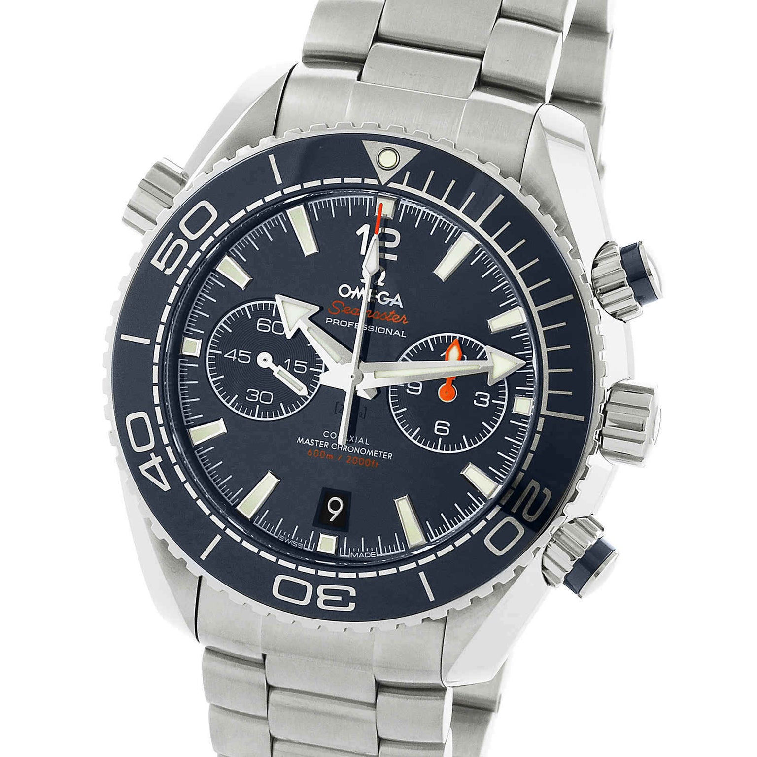 The OMEGA Seamaster Planet Ocean 600M features a stainless steel case, black bezel, chronograph subdials, and a metal link bracelet, celebrating Seamaster heritage with advanced Master Chronometer movement.