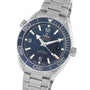 The OMEGA Seamaster Planet Ocean 600M is a stainless steel dive watch with a blue dial, large numerals, and a date display at 3 o’clock, featuring Master Chronometer certification.