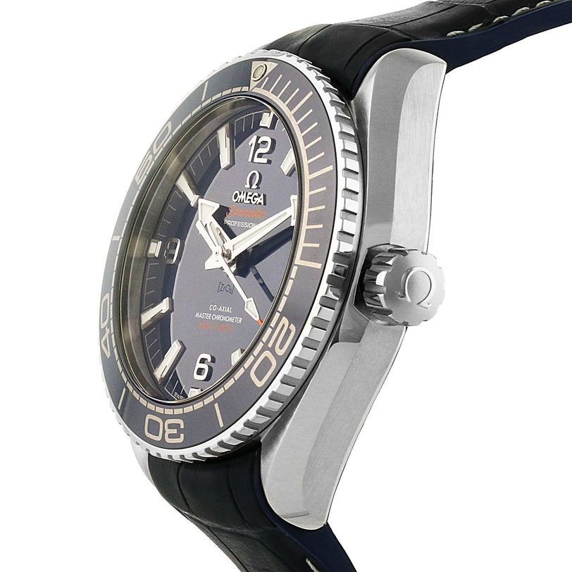 A close-up side view of the OMEGA Seamaster Planet Ocean 600M, featuring a black bezel, black strap, and silver casing, highlighting its acclaimed heritage and Master Chronometer precision.
