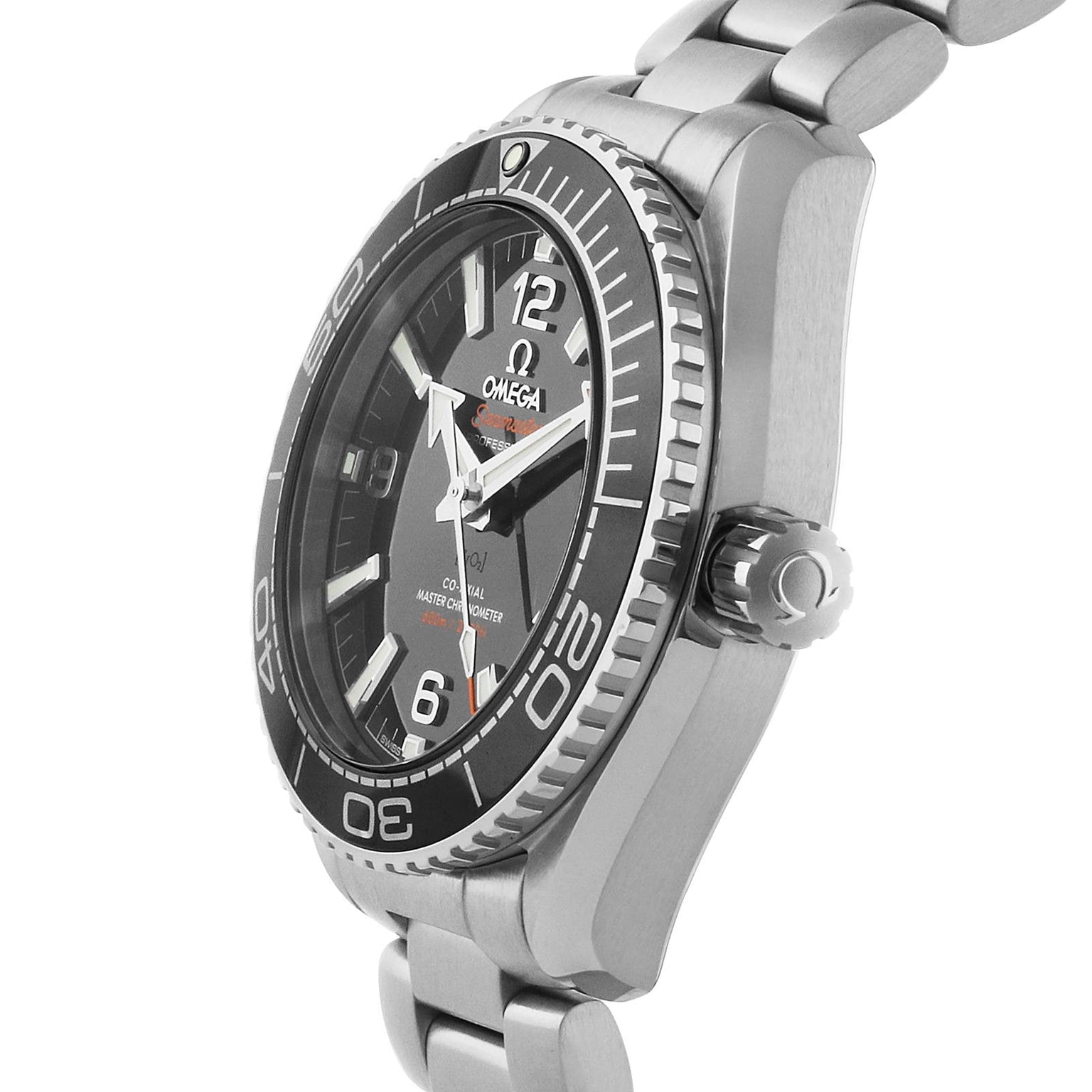 Side view of the OMEGA Seamaster Planet Ocean 600M, a stainless steel diving watch featuring a black bezel, black dial, silver hour markers, and a metal link bracelet.