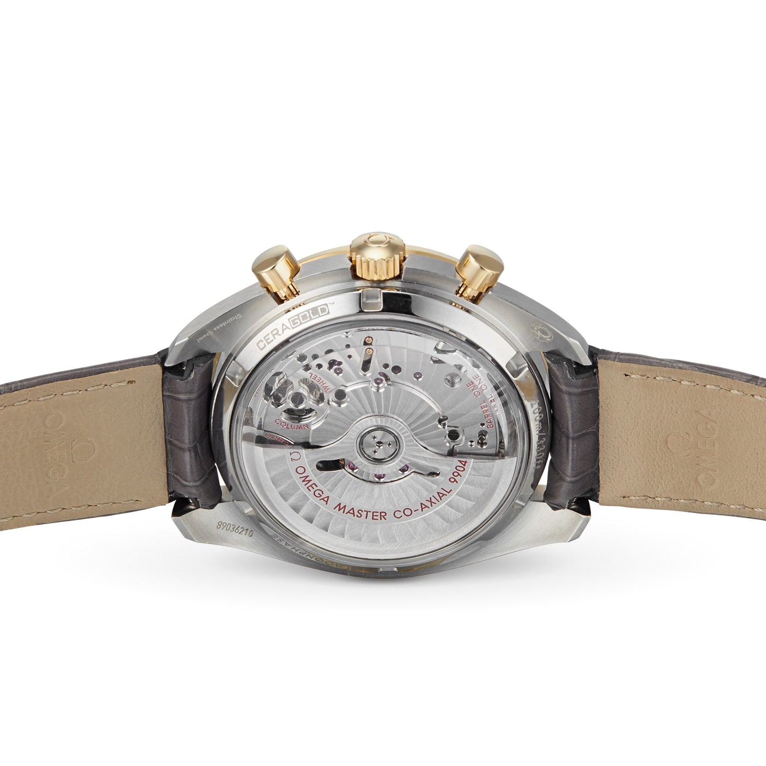 Back view of an OMEGA Speedmaster Moonphase wristwatch, displaying the exposed mechanical movement with a leather strap and 18K yellow gold crown.