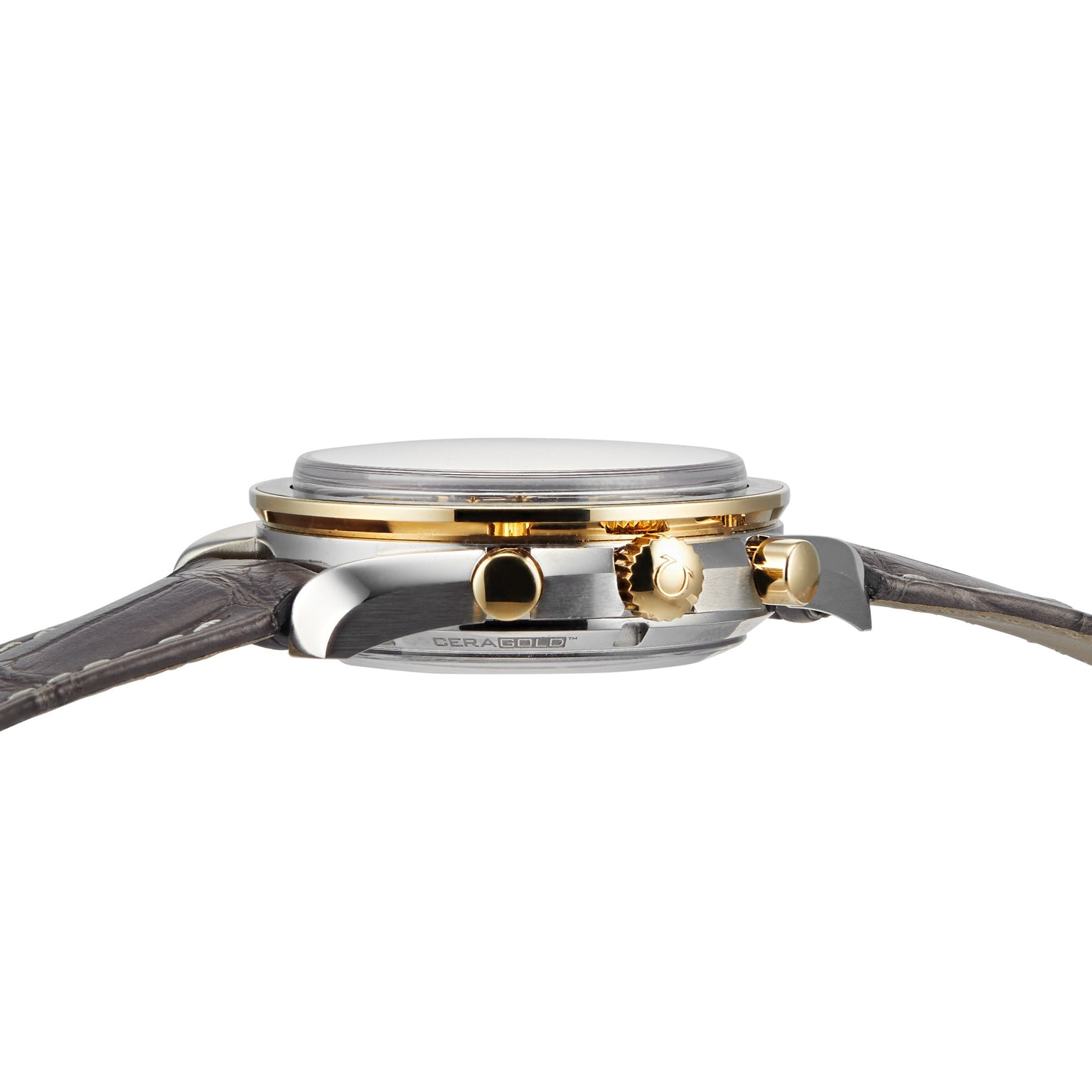 Side view of the OMEGA Speedmaster Moonphase wristwatch with a two-tone metal case, 18K yellow gold pushers and crown, paired elegantly with a brown leather strap.