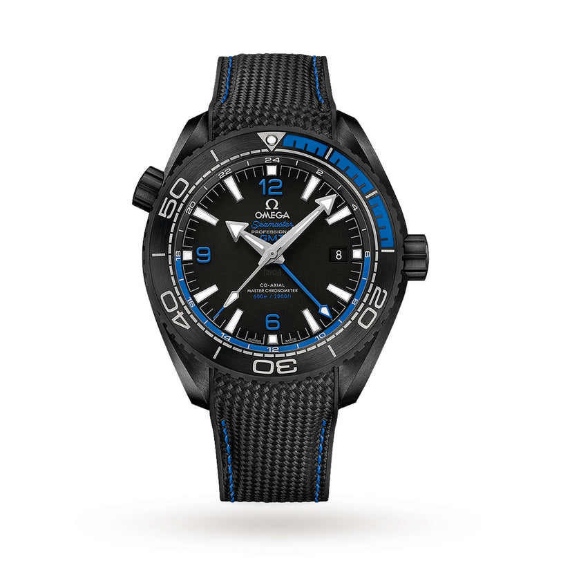 OMEGA Seamaster Planet Ocean 600M features a black dial with blue accents, black bezel, textured black strap, and date window at 3 o’clock, shown on a white background.