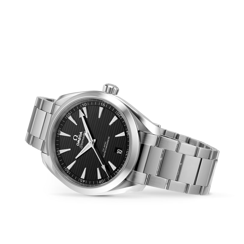 The OMEGA Seamaster Aqua Terra 150M features a stainless steel case, black textured dial with silver markers and date display, and a metal link bracelet, all showcased against a plain white background.