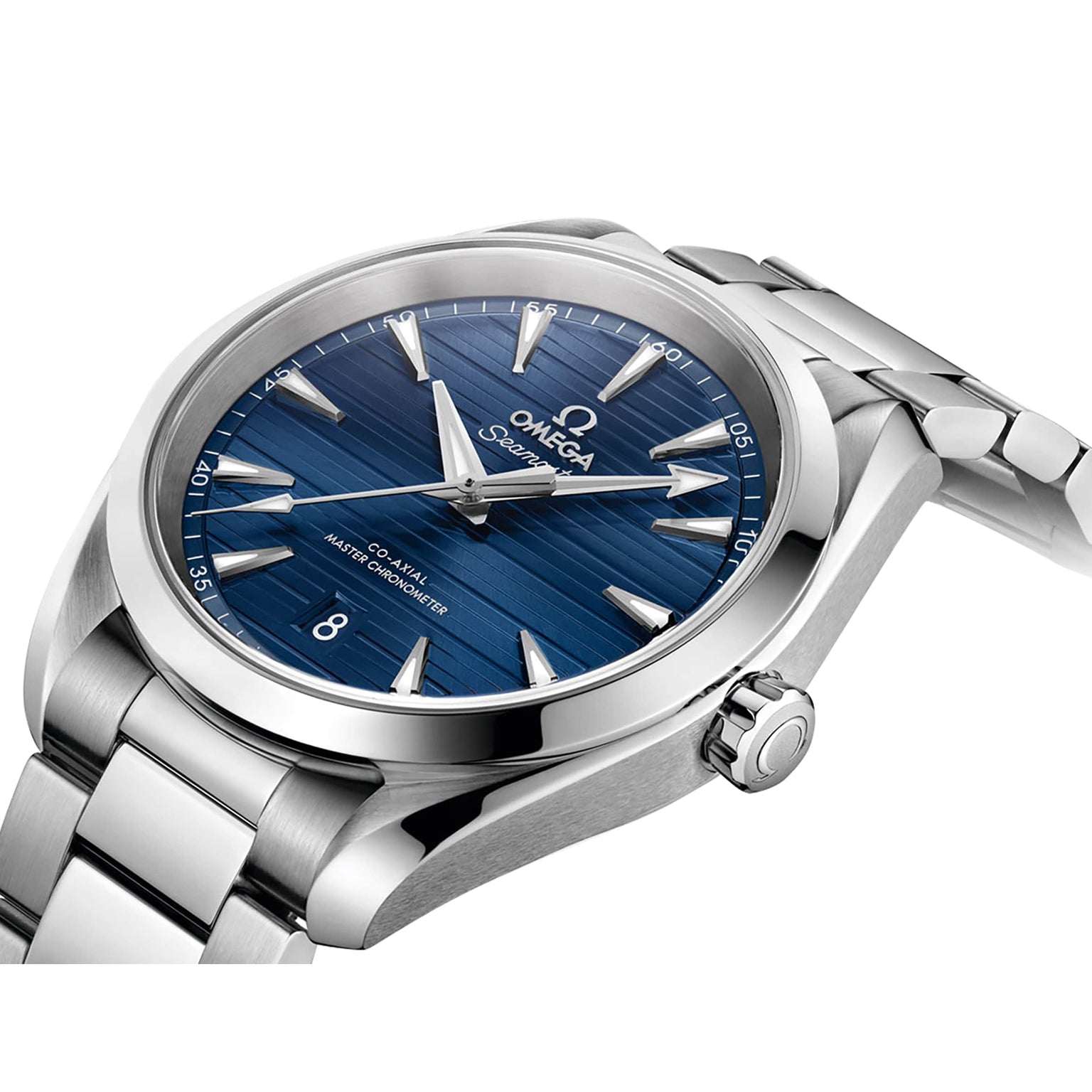 Close-up of the OMEGA Seamaster Aqua Terra 150M in stainless steel, featuring a blue textured dial, silver hour markers, and a date window at 6 o’clock—a masterful watch inspired by maritime heritage.