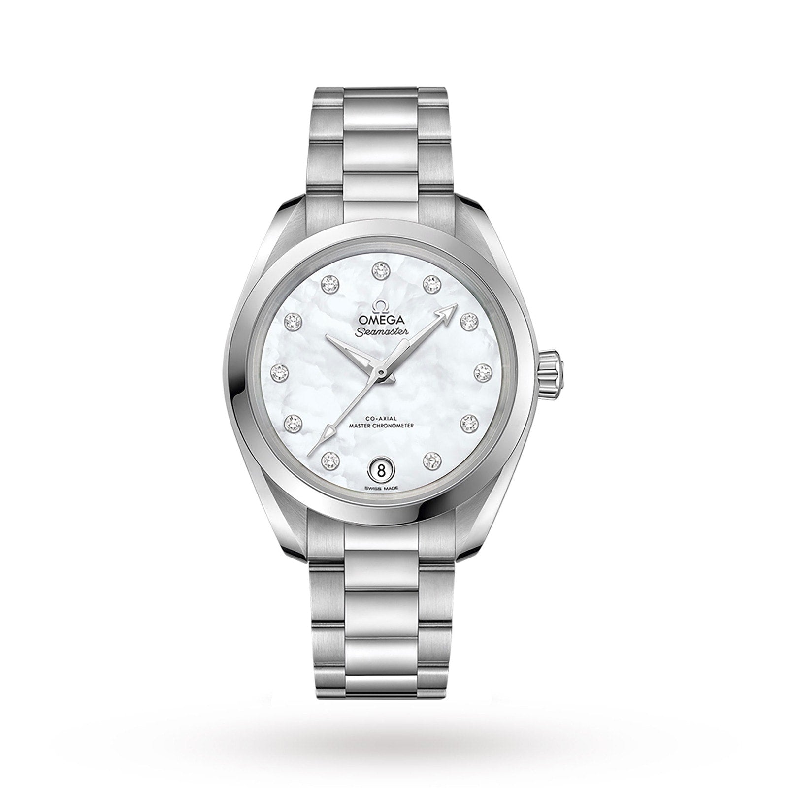 The OMEGA Seamaster Aqua Terra 150M features a stainless steel band, white mother-of-pearl dial with diamond markers, a date window at 6 o’clock, and is powered by the precise 8800 calibre movement.