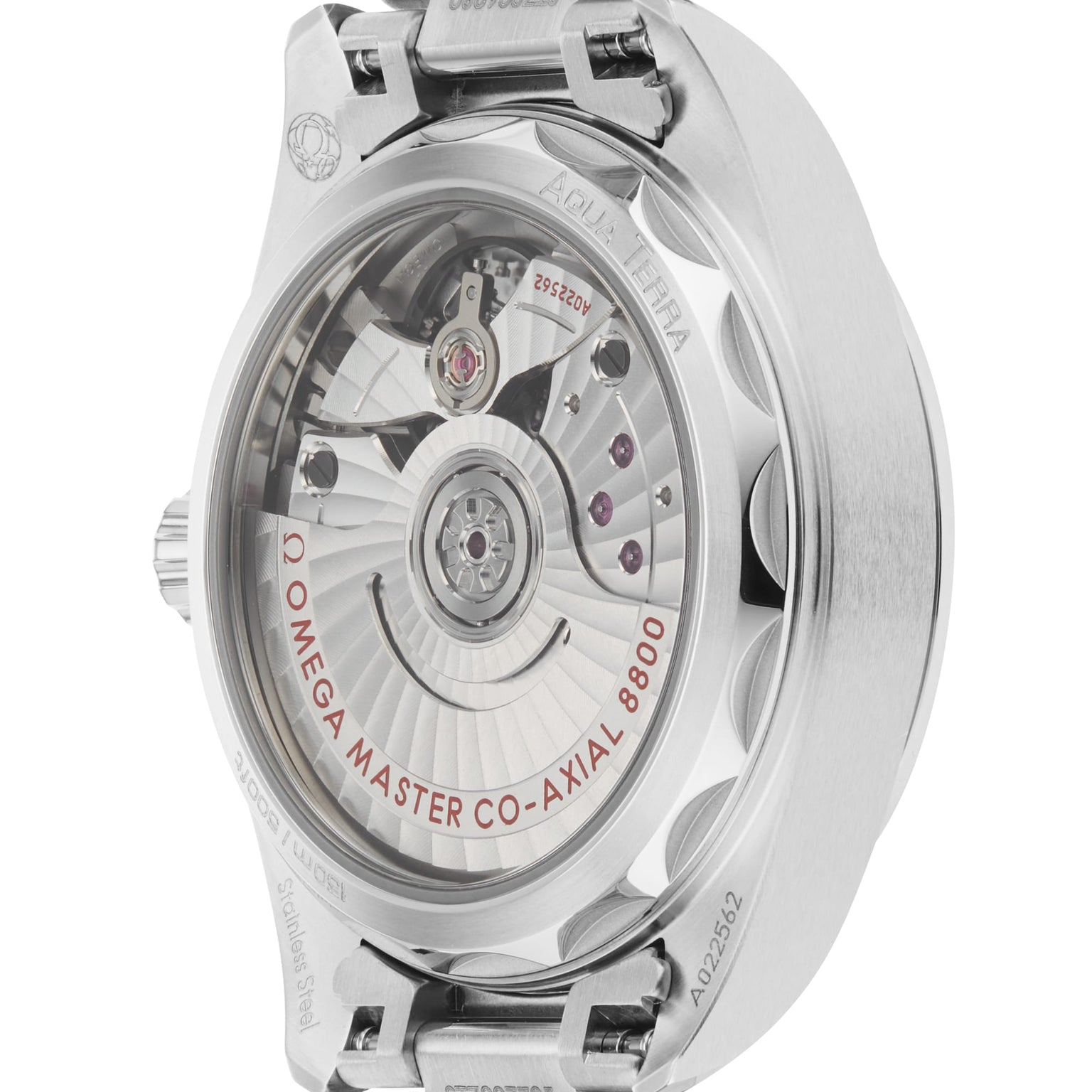 Close-up of the back of the OMEGA Seamaster Aqua Terra 150M, revealing its intricate 8800 calibre movement labeled OMEGA MASTER CO-AXIAL 8800, with visible gears and rotor—certified as a Master Chronometer.