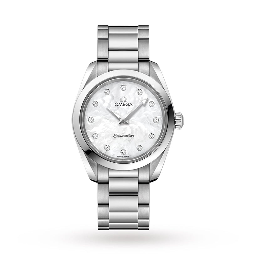 The OMEGA Seamaster Aqua Terra 150M, featuring a stainless steel case, white mother-of-pearl dial with diamond hour markers, and a metal link bracelet, is displayed on a white background to showcase its elegant design.