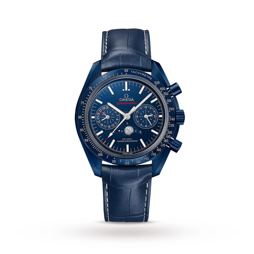 An OMEGA Speedmaster Moonwatch Moonphase chronograph with a blue dial, three subdials, tachymeter bezel, and blue leather strap, shown on a white background.