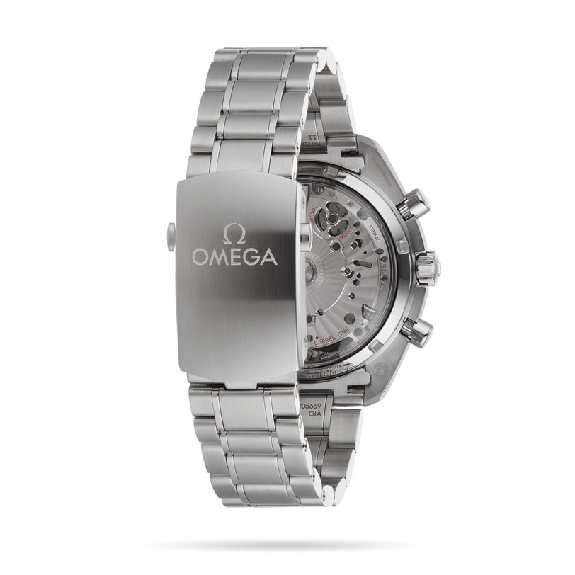 A stainless steel OMEGA Speedmaster Racing wristwatch shown from the back, highlighting its metal bracelet, Omega-branded clasp, and the visible inner mechanism with Master Chronometer certification.