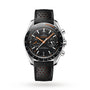 An OMEGA Speedmaster Racing wristwatch with a perforated leather strap, black dial, orange accents, three subdials, and 9900 calibre movement is shown against a plain white background.