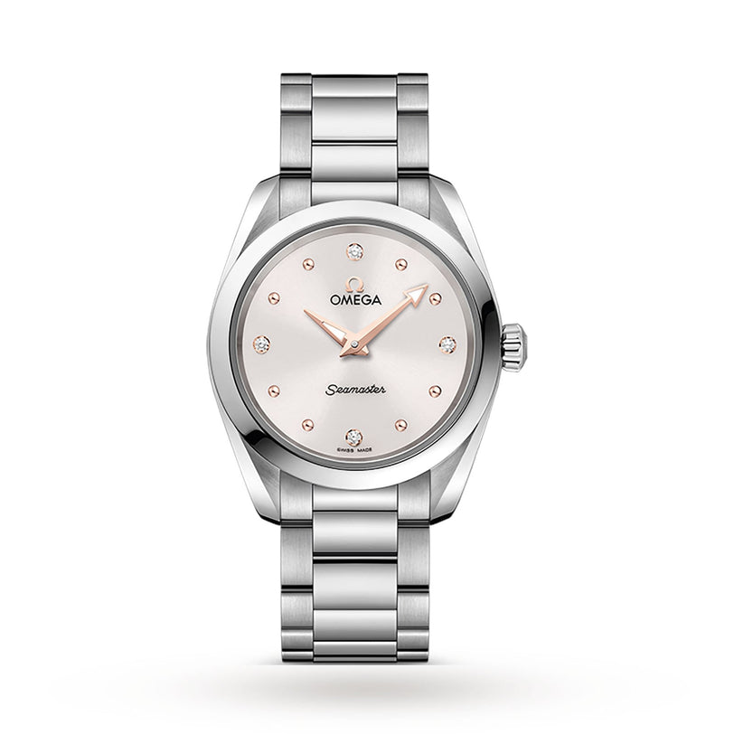 An OMEGA Seamaster Aqua Terra 150M wristwatch with a white dial, diamond hour markers, and a metal bracelet is displayed against a plain white background.