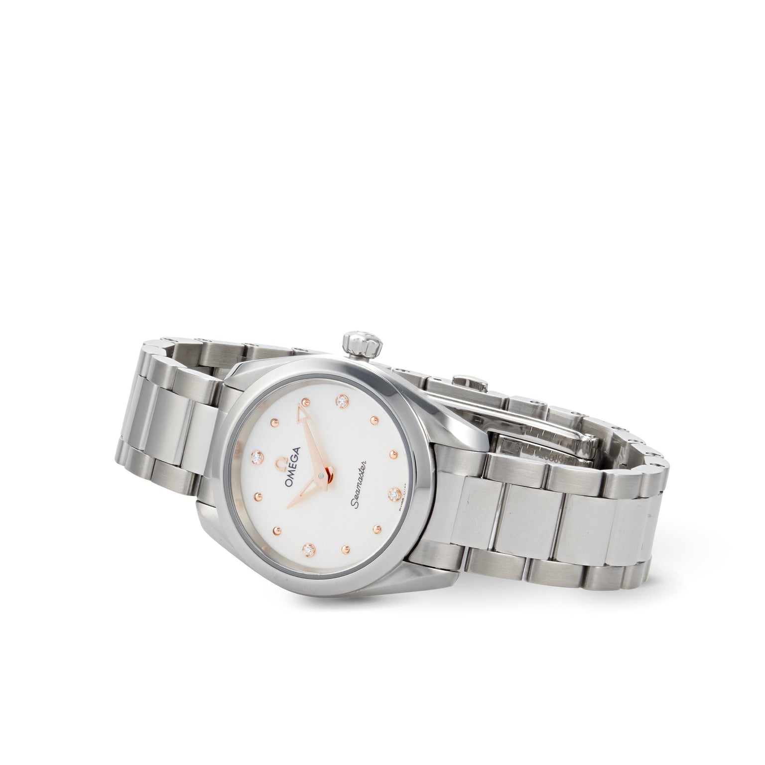 An OMEGA Seamaster Aqua Terra 150M wristwatch featuring a stainless steel case, white dial with diamond hour markers, and metal link bracelet, angled on a white background to highlight its maritime heritage.