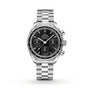 The OMEGA Speedmaster 38 is a stainless steel chronograph with a black dial, three subdials, tachymeter bezel, and metal bracelet, displayed on a white background—showcasing the precision of OMEGA Master Chronometers.