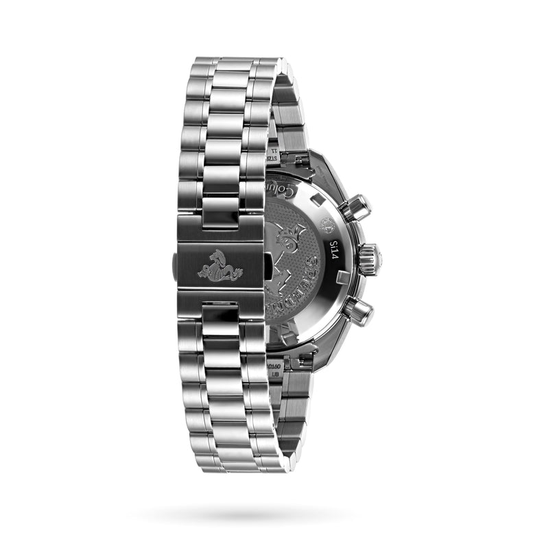 The OMEGA Speedmaster 38 wristwatch is shown from the back, highlighting its stainless steel link bracelet and engraved case back—distinctive features of this iconic timepiece.
