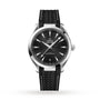 A black OMEGA Seamaster Aqua Terra 150M wristwatch with a striped black dial, silver hour markers, date at 6 o’clock, and a black textured strap is displayed on a white background—ideal for luxury sailboat enthusiasts.