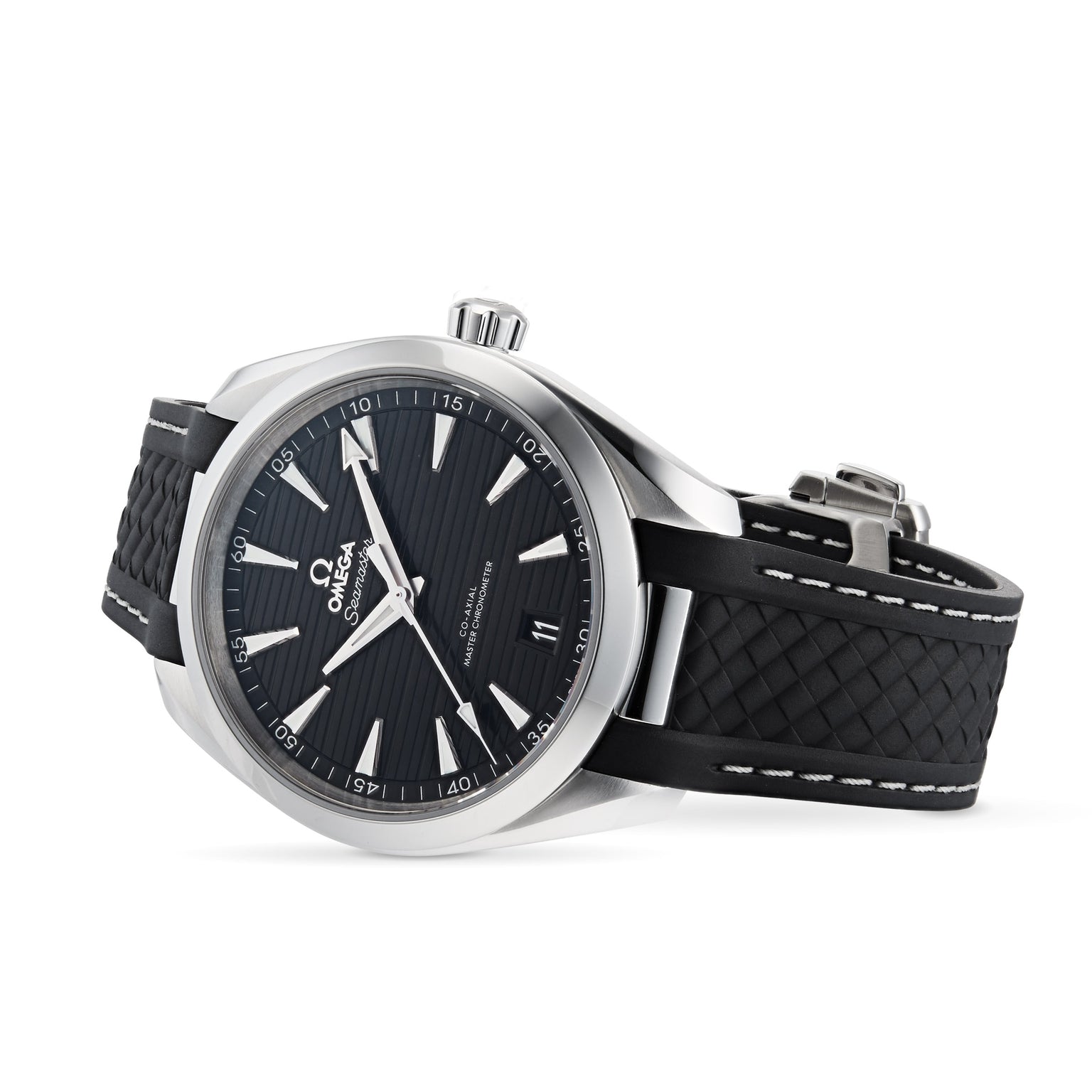 The OMEGA Seamaster Aqua Terra 150M wristwatch features a black dial, silver hour markers, and a black textured strap, displayed at an angle on a white background—evoking the precision of luxury sailboats.