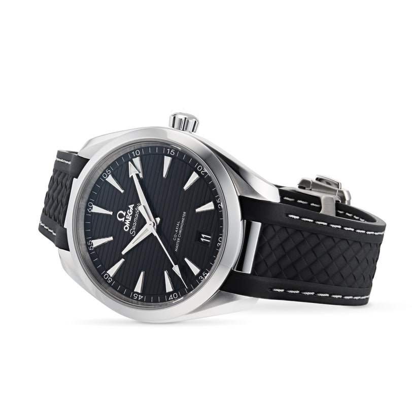 The OMEGA Seamaster Aqua Terra 150M wristwatch features a black dial, silver hour markers, and a black textured strap, displayed at an angle on a white background—evoking the precision of luxury sailboats.