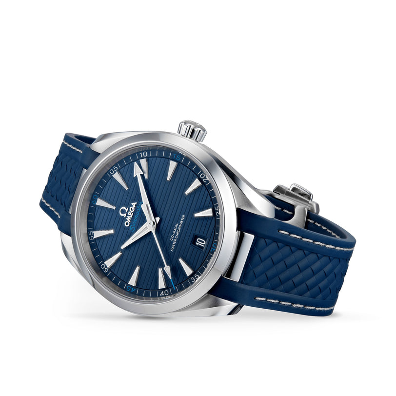 The OMEGA Seamaster Aqua Terra 150M features a blue textured dial, silver hour markers, date window, and logo, set in stainless steel with a matching blue rubber strap.