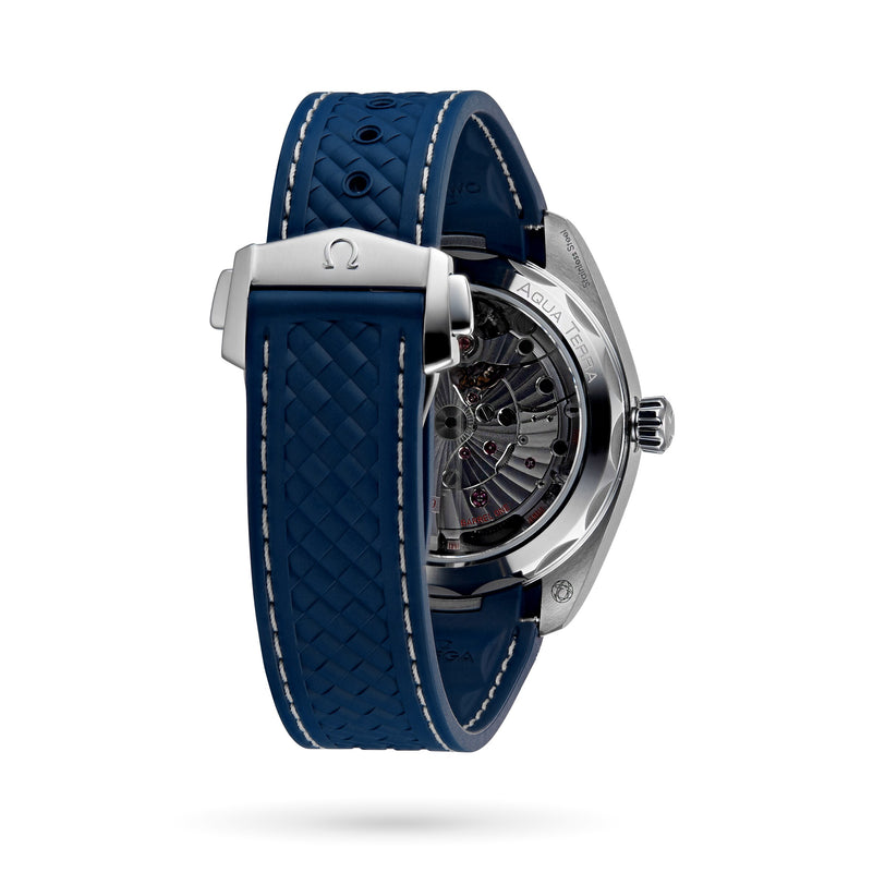 A close-up of the back of the OMEGA Seamaster Aqua Terra 150M shows its exposed Master Chronometer movement, stainless steel case, and blue textured strap.